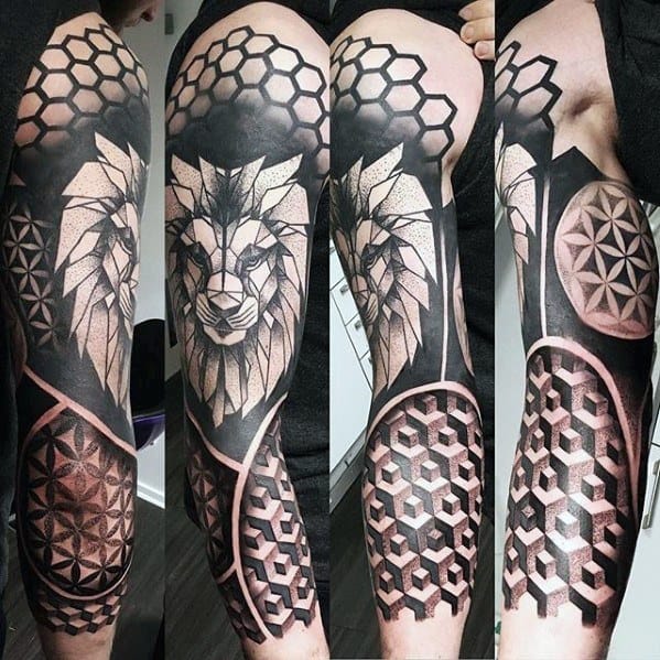 Mens Lion Head Geometric Sleeve Tattoo Ideas