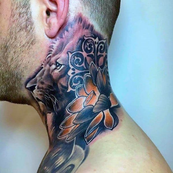 Colorful lion neck tattoo with intricate patterns and a bold flower, blending realism and artistic elements to symbolize strength and beauty.