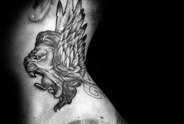 Winged lion neck tattoo with bold shading and intricate feather details, symbolizing strength, freedom, and power in a striking design.