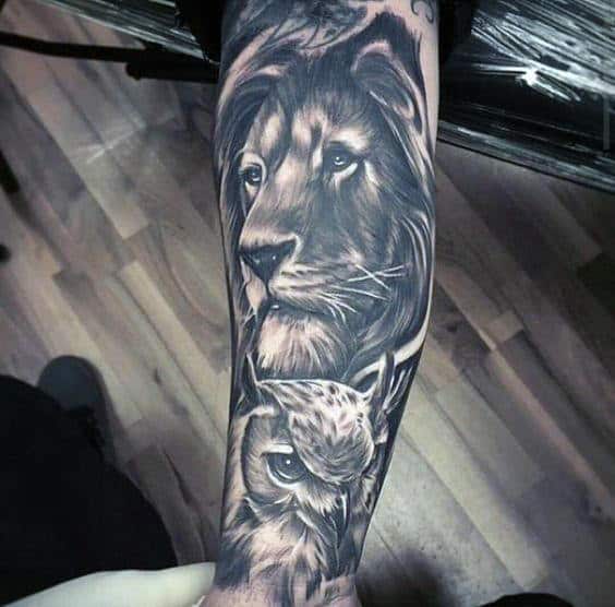 Mens Lion Owl Forearm Sleeve Tattoos