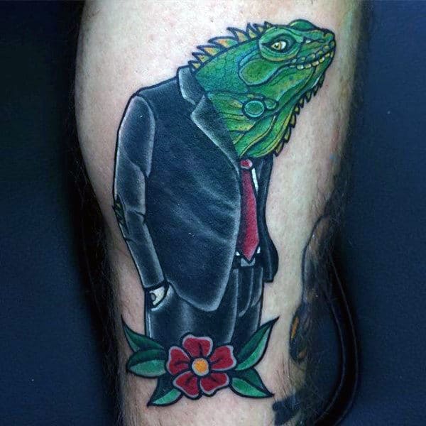 Mens Lizard With Formal Attire Tattoo On Calves