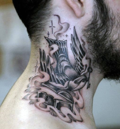 Mens Lock And Key Tattoo On Neck