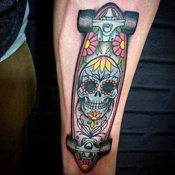 Mens Long Board Sugar Skull Tattoo Design On Inner Forearm