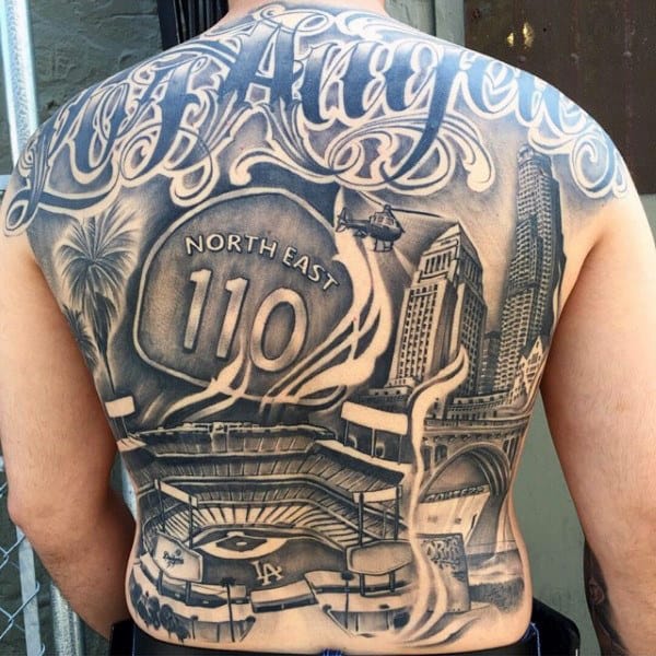Mens Los Angeles Themed Black Ink Back Tattoo