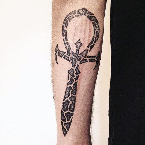Mens Lower Forearm Black Ink Ankh Tattoos