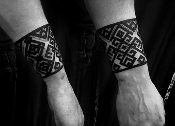 Mens Lower Forearm Black Ink Pattern Band Tattoo Designs