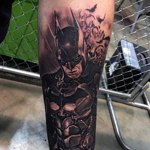 Mens Lower Leg Batman Black And Grey Tattoos