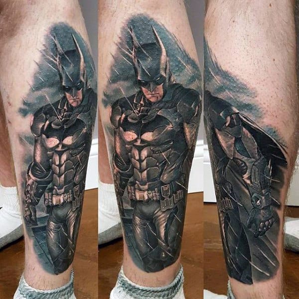 Mens Lower Leg Batman Realistic Tattoo Designs