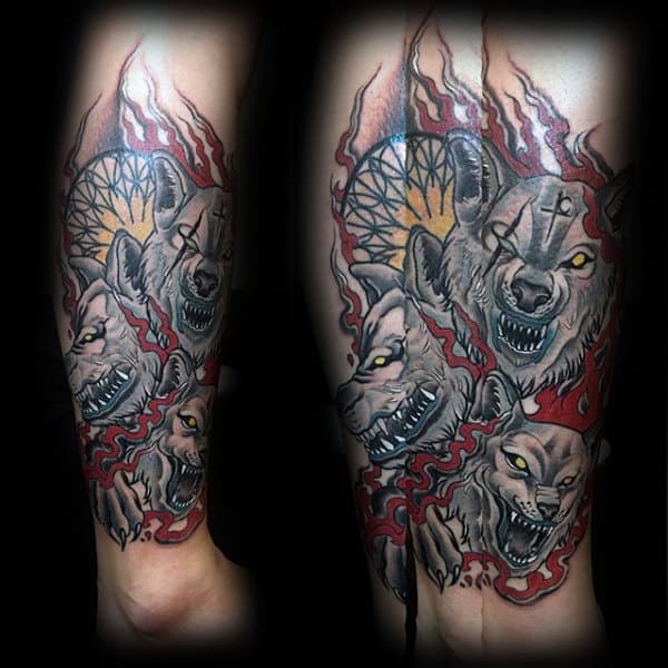 Mens Lower Leg Cerberus Tattoos