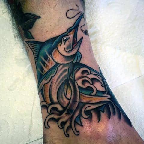Mens Lower Leg Marlin Tattoo Design Inspiration