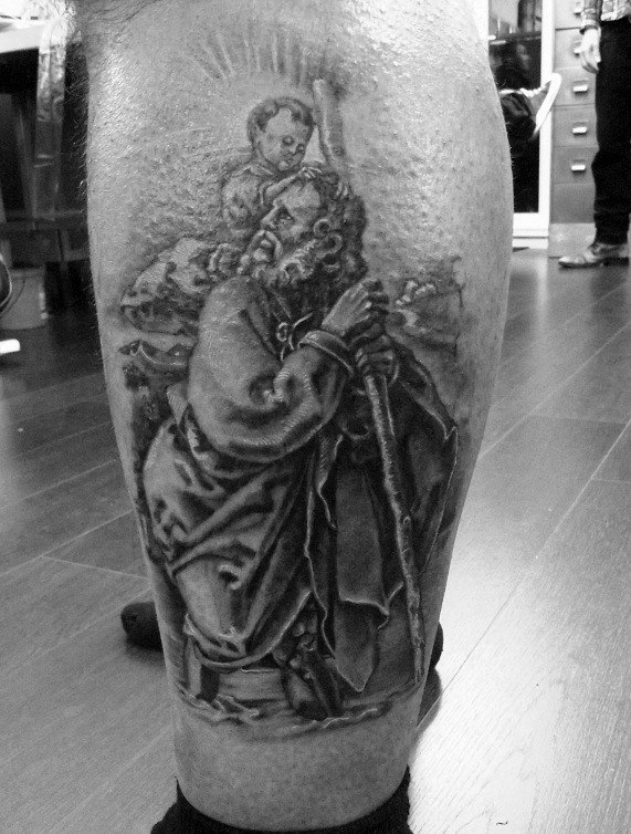 Mens Lower Leg Saint Christopher Shaded Tattoos