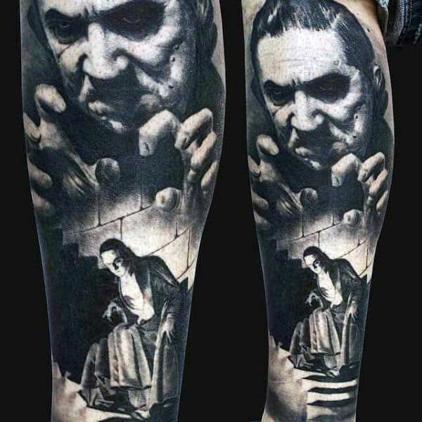 Mens Lower Leg Scary Man On Wall Realism Tattoo