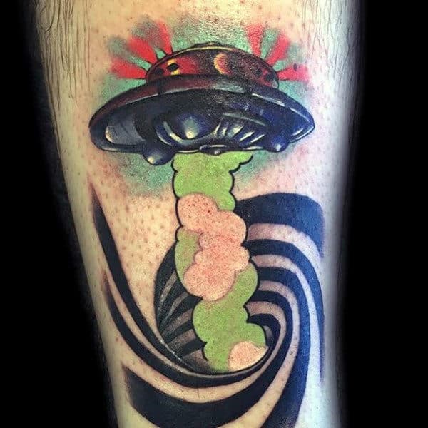 Mens Lower Leg Smokey Ufo And Black Spirals Tattoo