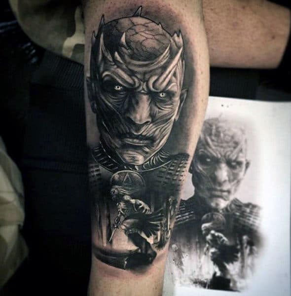 Mens Lower Legs Black And Grey Warrior Tattoo