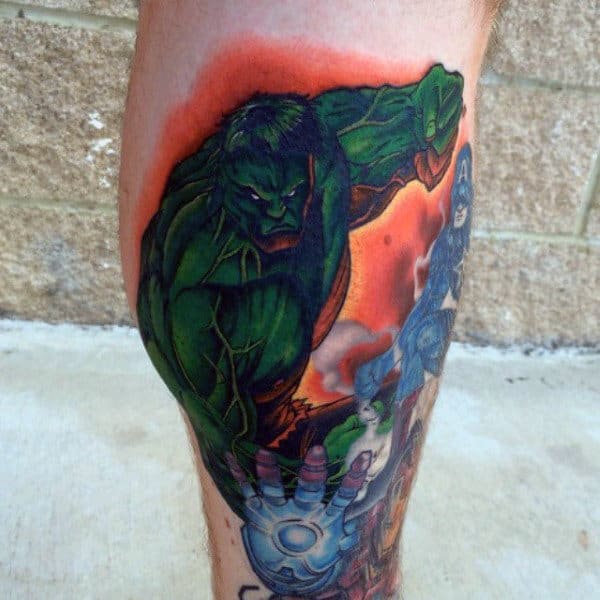 Mens Lower Legs Greenish Hulk Tattoo