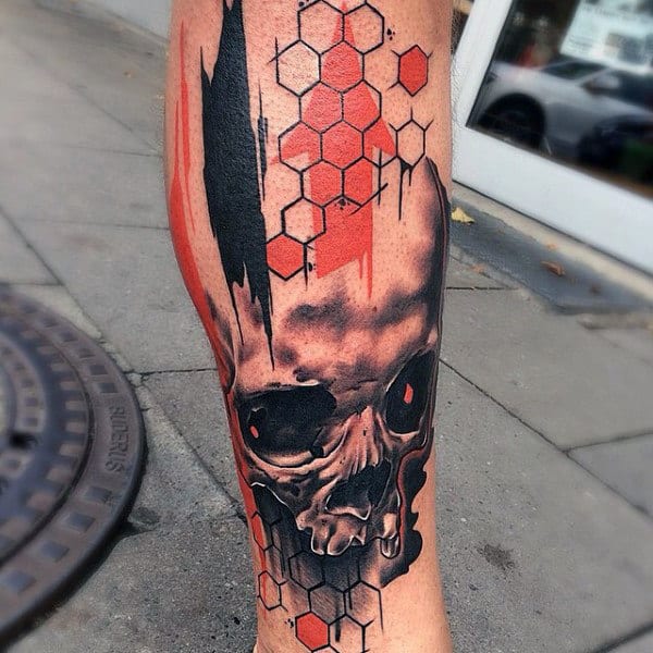 Mens Lower Legs Skull And Honeycomb Tatto With Orange Splashes