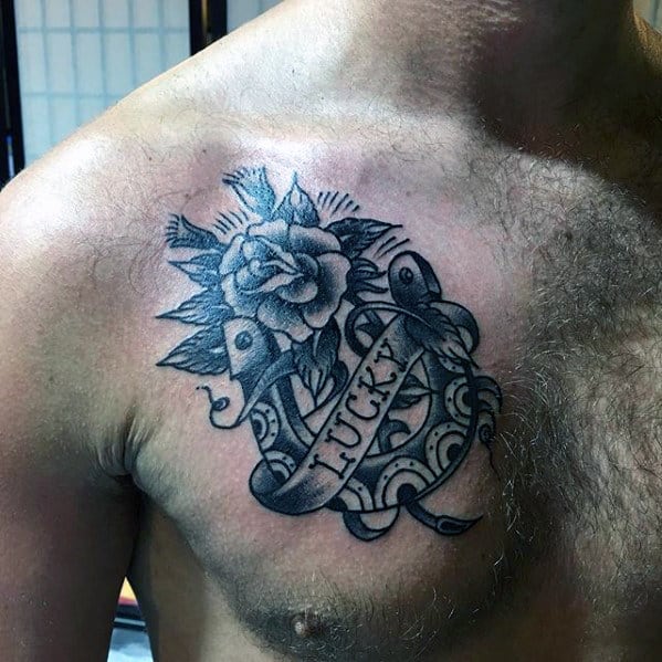 Mens Lucky Traditional Horseshoe Flower Upper Chest Tattoo