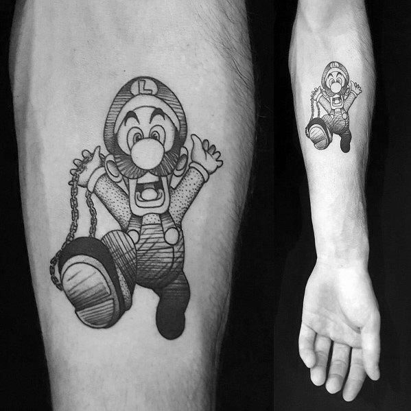 Black and grey tattoo of Luigi in a panicked pose, running with a Chain Chomp attached to his leg, featuring detailed shading and bold outlines.