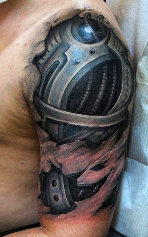 Realistic biomechanical tattoo covering upper arm, depicting metal and machinery elements