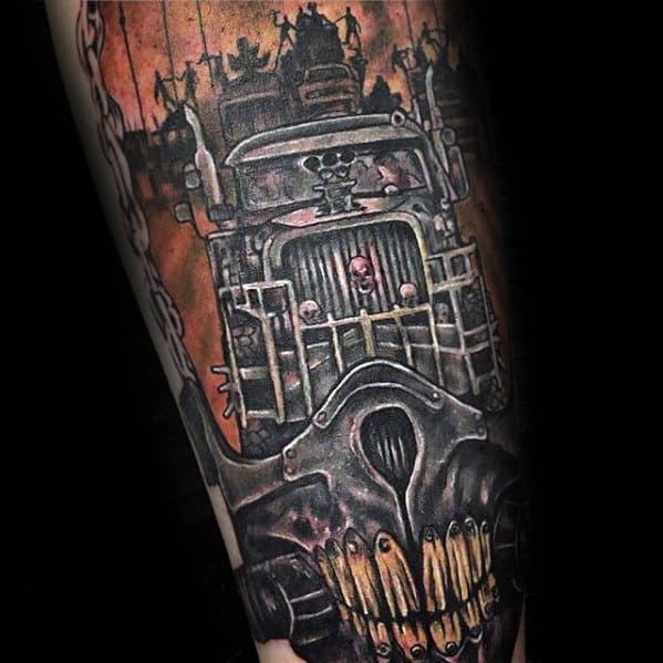 Mens Mad Max Truck Tattoo Design Inspiration On Leg