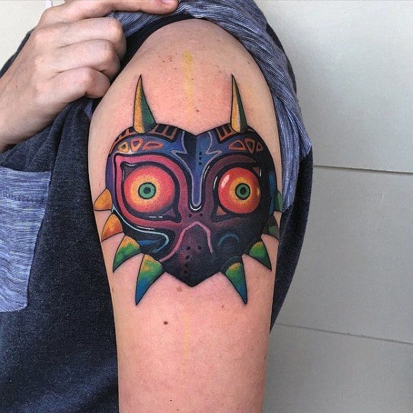 Mens Majoras Mask Tattoo Design Inspiration On Upper Arm