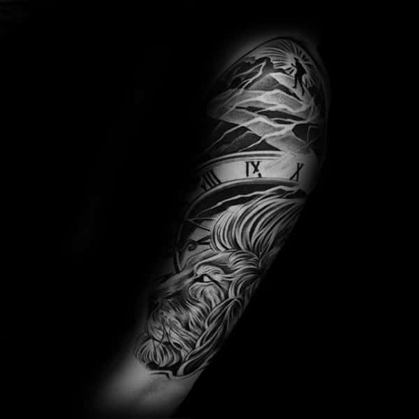 Mens Man Walking Path With Lion Half Sleeve Tattoo Design Ideas