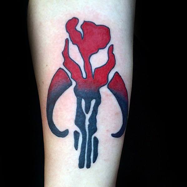 Gradient red and black Mythosaur skull tattoo with bold outlines, blending colors for a fiery, striking look on the forearm.