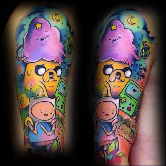 Vibrant Adventure Time tattoo sleeve with Finn, Jake, Lumpy Space Princess, BMO, and colorful cosmic and forest elements.