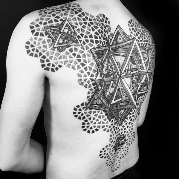 MC Escher-inspired back tattoo featuring interlocking lizards inside impossible geometric stars, surrounded by a tessellated dotwork pattern.