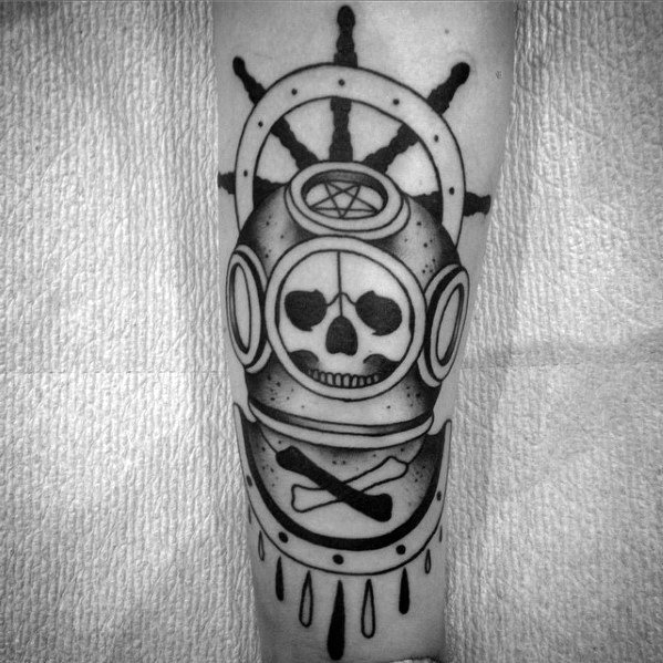 Mens Manly Diving Helmet With Skull And Ship Wheel Forearm Tattoo Designs