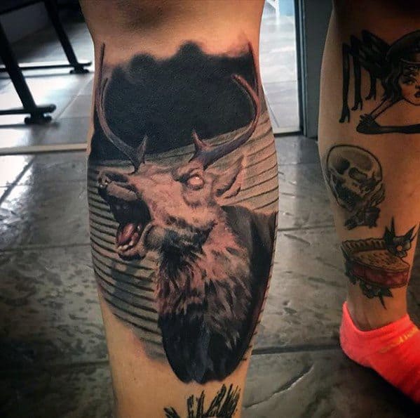 Realistic Evil Dead tattoo of the iconic mounted deer head mid-laugh, emerging from wooden wall planks with dramatic shadows and eerie atmosphere