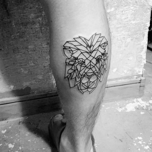 Mens Manly Geometric Lion Tattoo Designs On Leg Calf