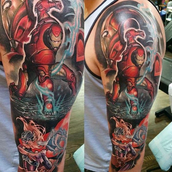 Iron Man tattoo featuring a dynamic, full-arm design with Iron Man in action, surrounded by dramatic lighting effects and accompanied by other characters, capturing a sense of movement and energy.