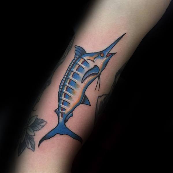 Mens Manly Marlin Tattoo Designs On Outer Forearm