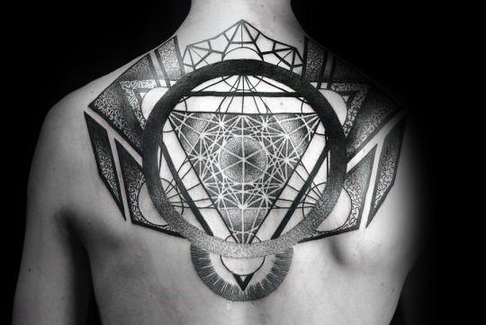 Bold upper back tattoo of Metatron’s Cube with layered blackwork, dot shading, and sharp geometric framing for a dramatic sacred design.