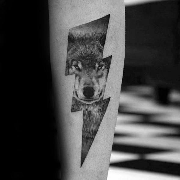 Mens Manly Sick Wolf Thunder Bolt Forearm Tattoo Designs