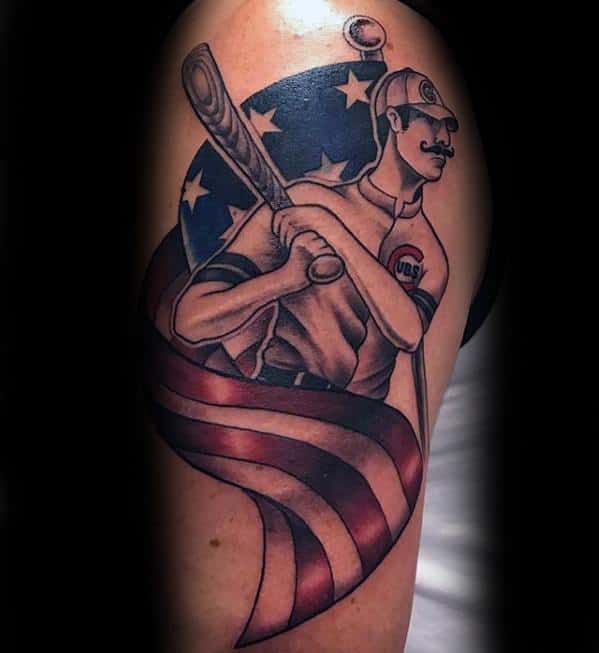 Mens Manly Traditional Baseball Player With Bat Arm Chicago Cubs Tattoo Designs