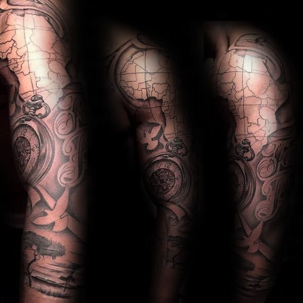 Mens Map With Pocket Watch And African Safari Full Arm Sleeve Tattoo