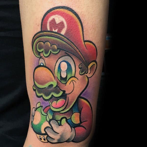 Trippy *Super Mario* tattoo with exaggerated features and bold colors, featuring Mario holding a Super Mushroom in a surreal, psychedelic art style.