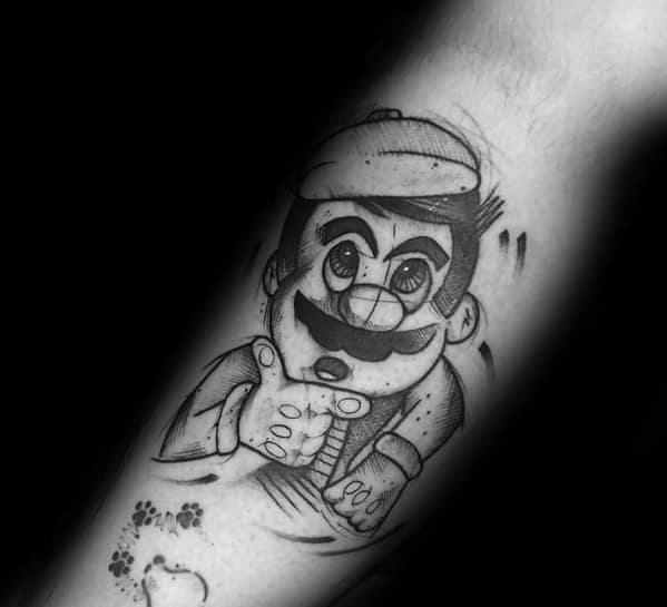 Black and gray *Super Mario* tattoo with a sketch-style design, featuring expressive shading and a unique hand-drawn aesthetic for a bold look.