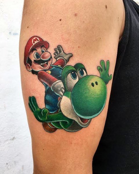 Vibrant *Super Mario* tattoo featuring Mario riding Yoshi, with detailed shading and bold colors capturing a classic and nostalgic gaming moment.