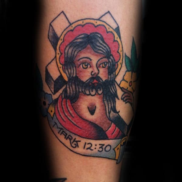 Mens Mark 12 30 Banner Traditional Jesus Forearm Tattoo