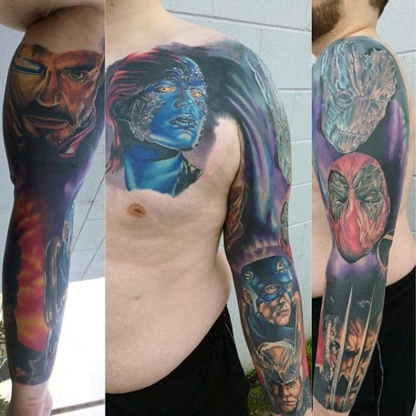 Mens Marvel Comics Superhero Themed Sleeve Tattoo With Wolverine