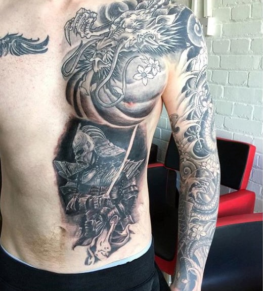 Mens Marvellous Warrior And Flora Tattoo Chest And Sleeves