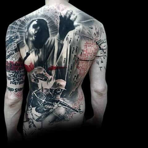 Mens Masculine Full Back Trash Polka Tattoo Ideas With Realistic Design