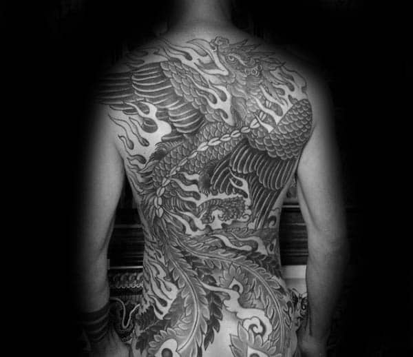 Mens Masculine Phoenix Flaming Bird Back Tattoo Design Ideas