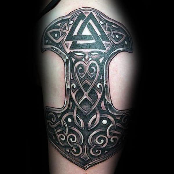 Mens Masculine Upper Arm Mjolnir Tattoo Designs