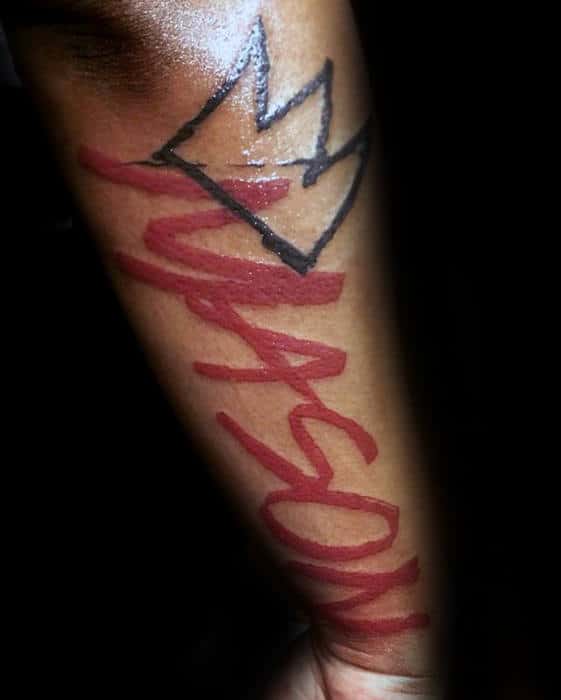 Mens Mason King Crown Red And Black Ink Forearm Name Tattoo