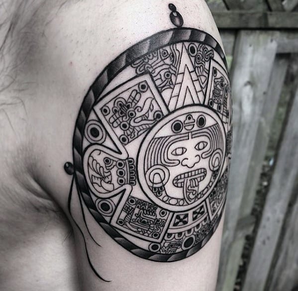 Mens Mayan Calender Tattoo Design Inspiration On Upper Arm
