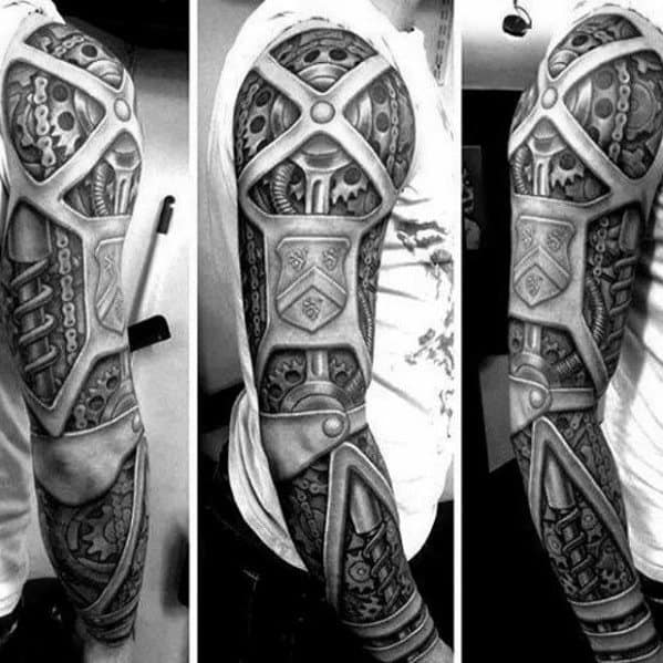 Mens Mechanical Gear Full Arm Sleeve 3d Tattoo Design Inspiration